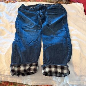 Eddie Bauer Women’s Dark Blue Boyfriend Jeans with flannel plaid cuff